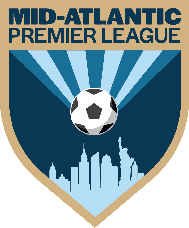 Shield-shaped logo for the Mid-Atlantic Premier League featuring a soccer ball centered above a light blue New York City skyline silhouette against a dark blue background with radiating rays.