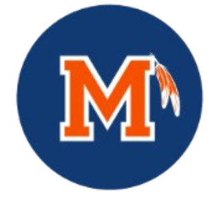 Circular blue logo with an orange block "M" outlined in white and two orange and white feathers hanging from its right side.