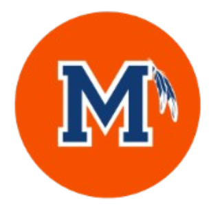 Circular orange logo with a blue serif letter "M" outlined in white and a blue and white feather hanging from its upper right corner.