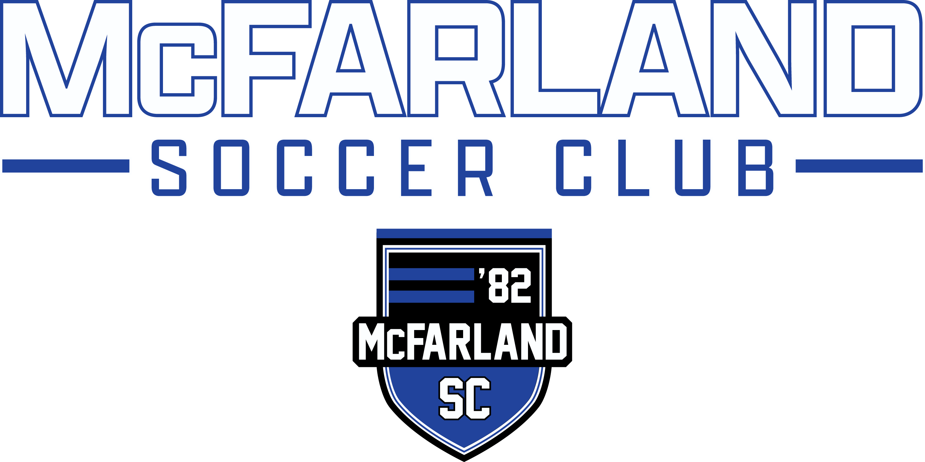 Logo for McFarland Soccer Club. Large blue outlined text above a blue and black shield emblem featuring the year '82 and the words McFarland SC.