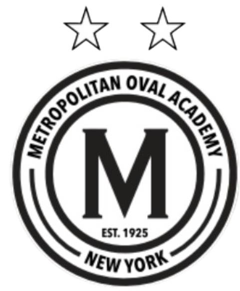 Black and white circular logo for Metropolitan Oval Academy, New York, Est. 1925. Features a central 'M' and two stars at the top.