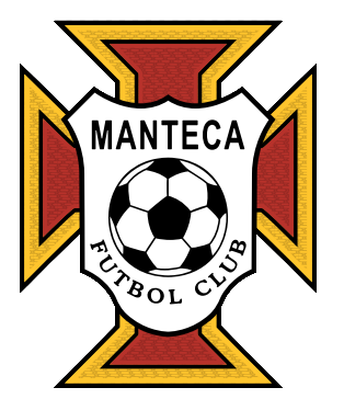 Logo for Manteca Futbol Club featuring a soccer ball on a white shield, set against a red and yellow Maltese cross.