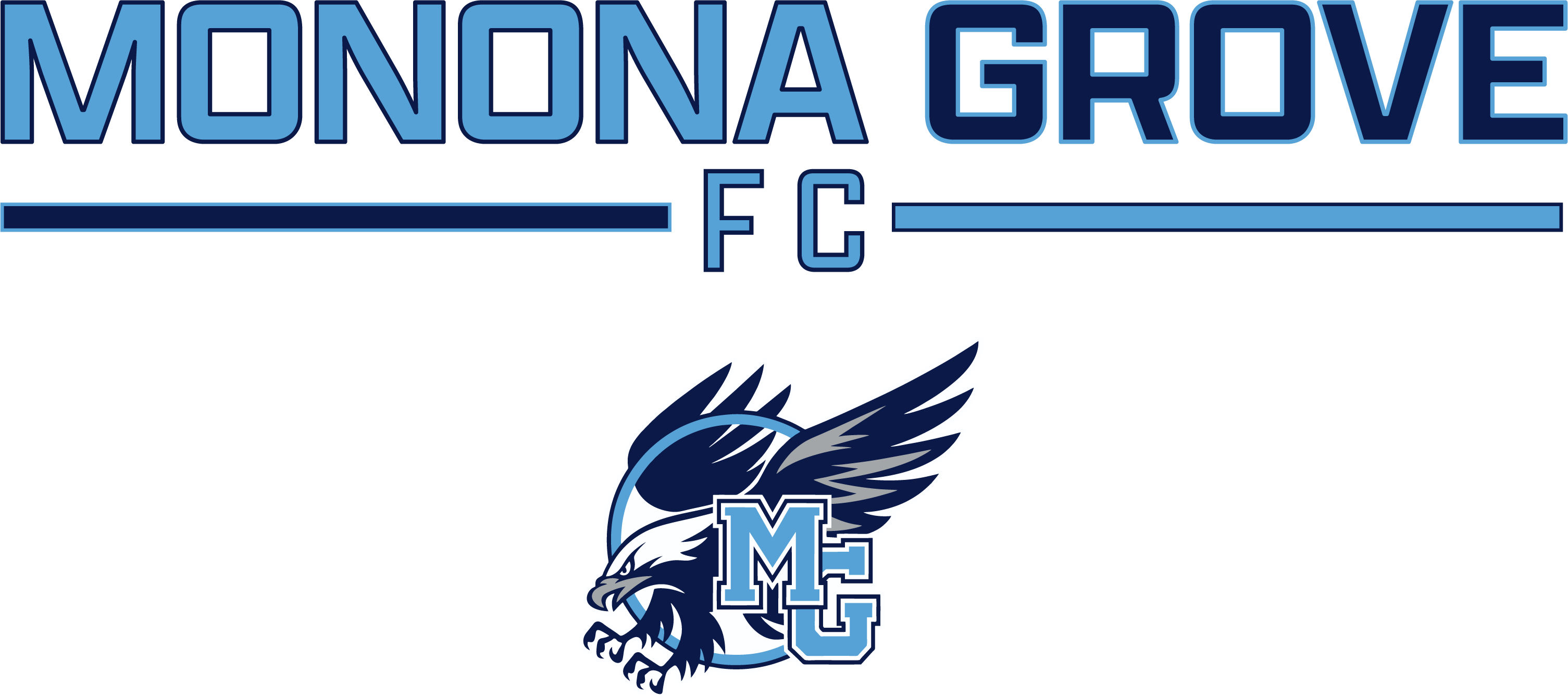 Monona Grove FC sports logo in navy and light blue with an eagle mascot graphic featuring the letters MG.