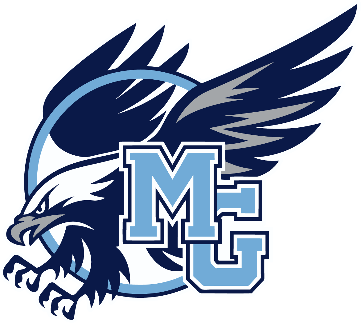 Sporty logo featuring a dark blue and white eagle with outstretched wings and sharp talons, positioned behind large light blue block letters "MG" within a light blue circular frame.