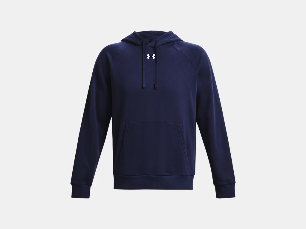 Front view of a navy blue Under Armour hoodie with a small white logo, drawstring hood, and kangaroo pocket.