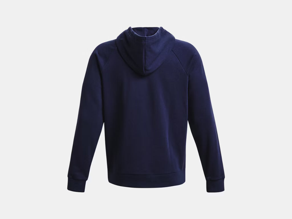 Back view of a plain navy blue hoodie with a hood and raglan sleeves.