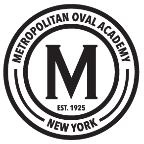 A black and white circular logo for Metropolitan Oval Academy. A large "M" and "EST. 1925" are in the center, with "NEW YORK" at the bottom of the border.