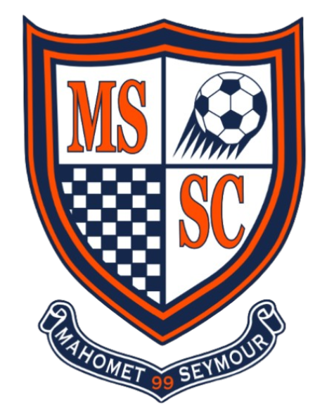 Logo for Mahomet-Seymour Soccer Club: a navy and orange shield with "MS", "SC", a soccer ball, and checkers. A bottom banner reads "MAHOMET 99 SEYMOUR".