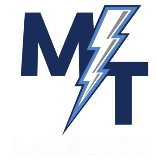 Logo featuring navy blue letters "M" and "T" with a white lightning bolt running through them. The word "LACROSSE" is written below in white on a black background.