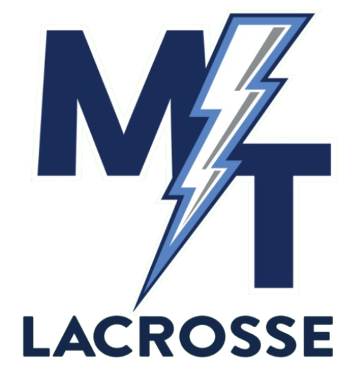 Logo for MT Lacrosse featuring large navy blue letters M and T intersected by a light blue and white lightning bolt, with the word LACROSSE printed in navy blue underneath.