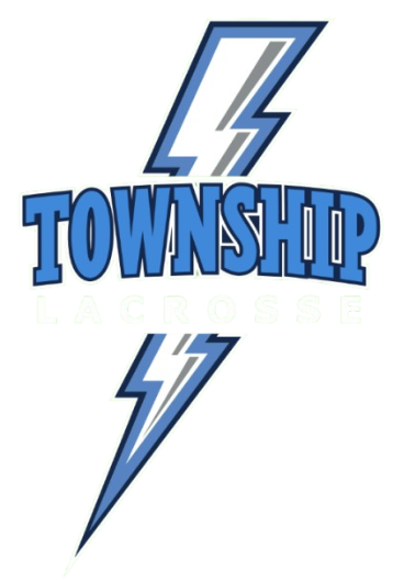 Sports logo for Township Lacrosse featuring a large blue and white lightning bolt behind arched blue 'TOWNSHIP' text and white 'LACROSSE' text on a black background.