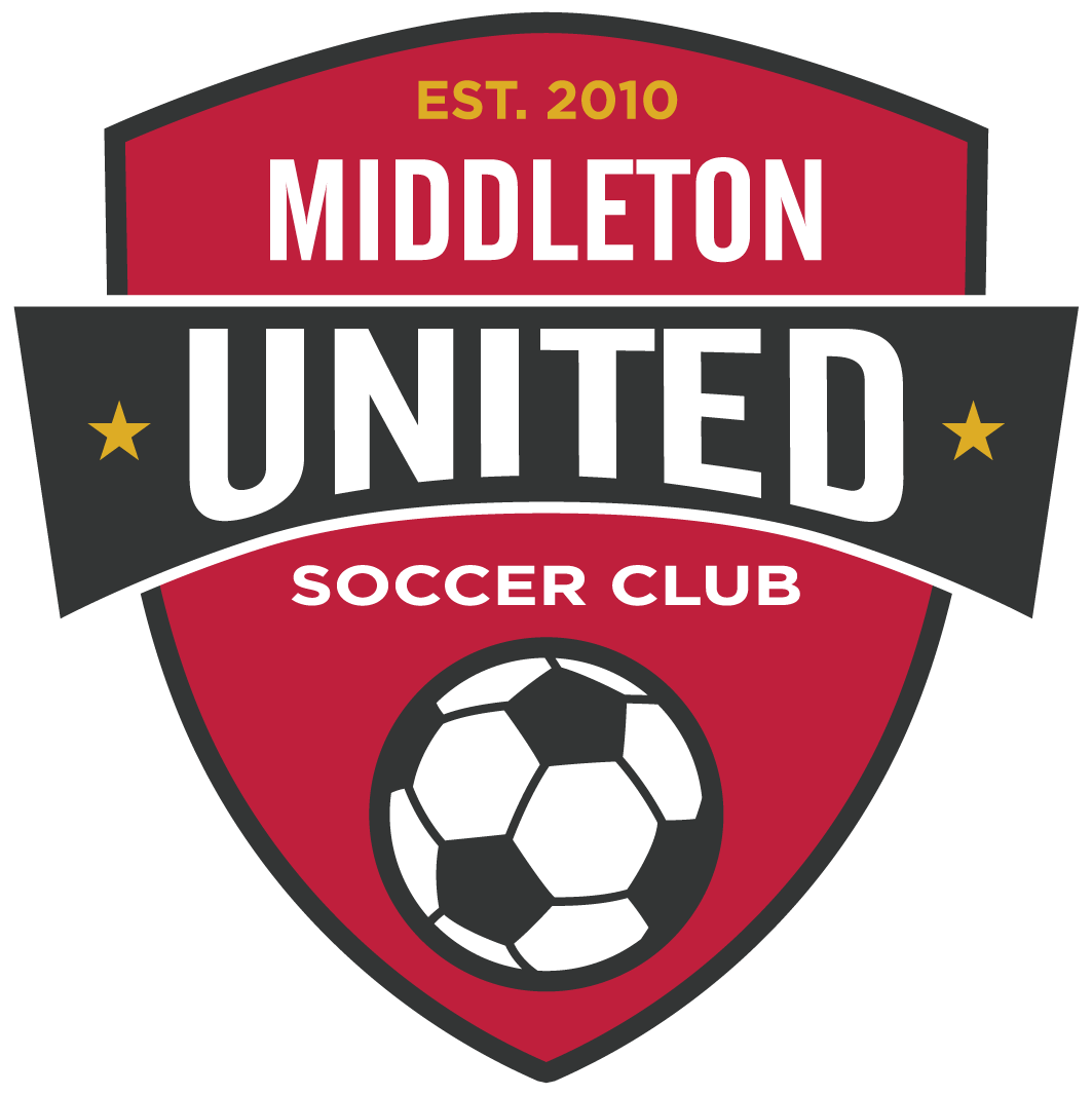 Red and black shield logo for Middleton United Soccer Club featuring white text, two gold stars, and a soccer ball graphic.
