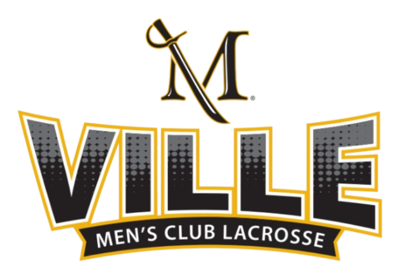 Logo for Ville Men's Club Lacrosse featuring a gold "M" with a sword, stylized "VILLE" text, and "MEN'S CLUB LACROSSE" on a banner.