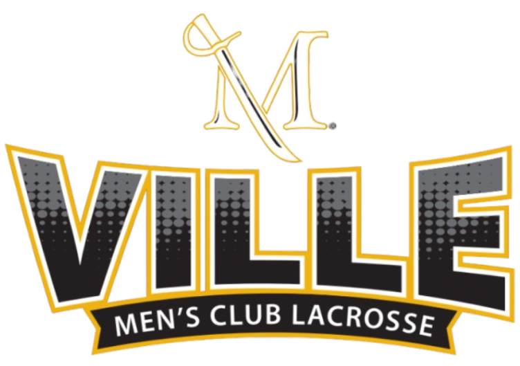 Logo for "VILLE Men's Club Lacrosse" featuring a gold "M" and sword icon, large black "VILLE" lettering, and a "MEN'S CLUB LACROSSE" banner at the bottom on a black background.