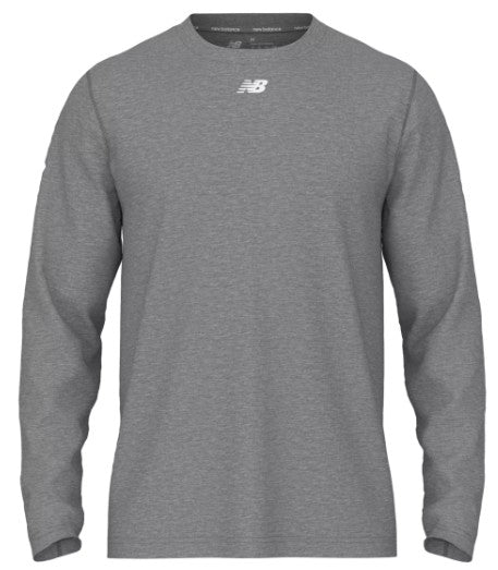 A heather grey New Balance long-sleeved athletic t-shirt with a crew neck and a small white "NB" logo on the center chest.