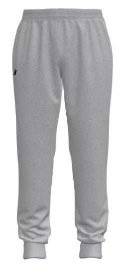 A pair of light grey heathered sweatpants with an elastic waistband, ribbed ankle cuffs, and a small black New Balance logo on the upper left leg.
