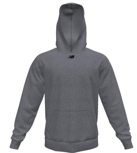 A grey heathered New Balance pullover hoodie with a front kangaroo pocket and a small black logo centered below the neckline.