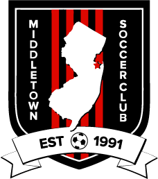 Middletown SC Big Logo: A shield-shaped logo featuring black and red vertical stripes with a white silhouette of New Jersey in the center. A small red star marks a location on the coast of the map. The text "MIDDLETOWN" and "SOCCER CLUB" is written vertically on either side of the state. A white banner at the bottom displays "EST 1991" with a soccer ball icon in the middle.