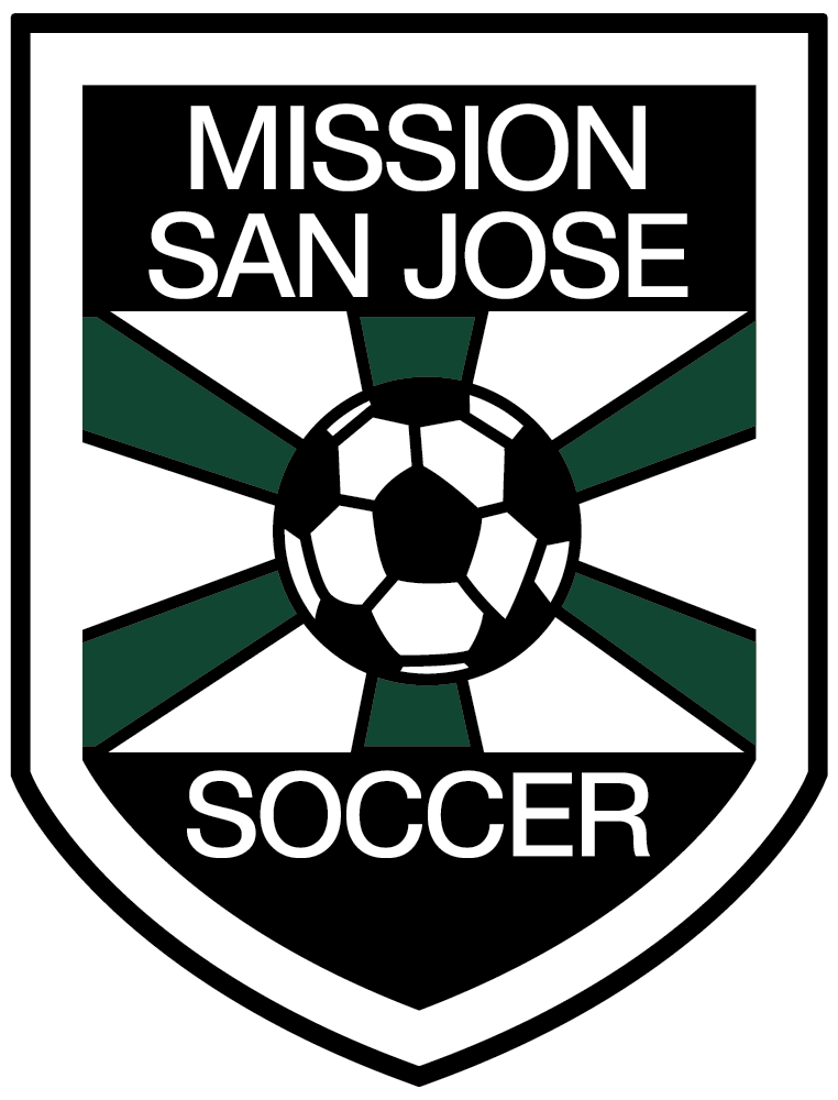 Shield-shaped logo for Mission San Jose Soccer featuring a soccer ball over a green and white sunburst, with the team name in white text on black banners.