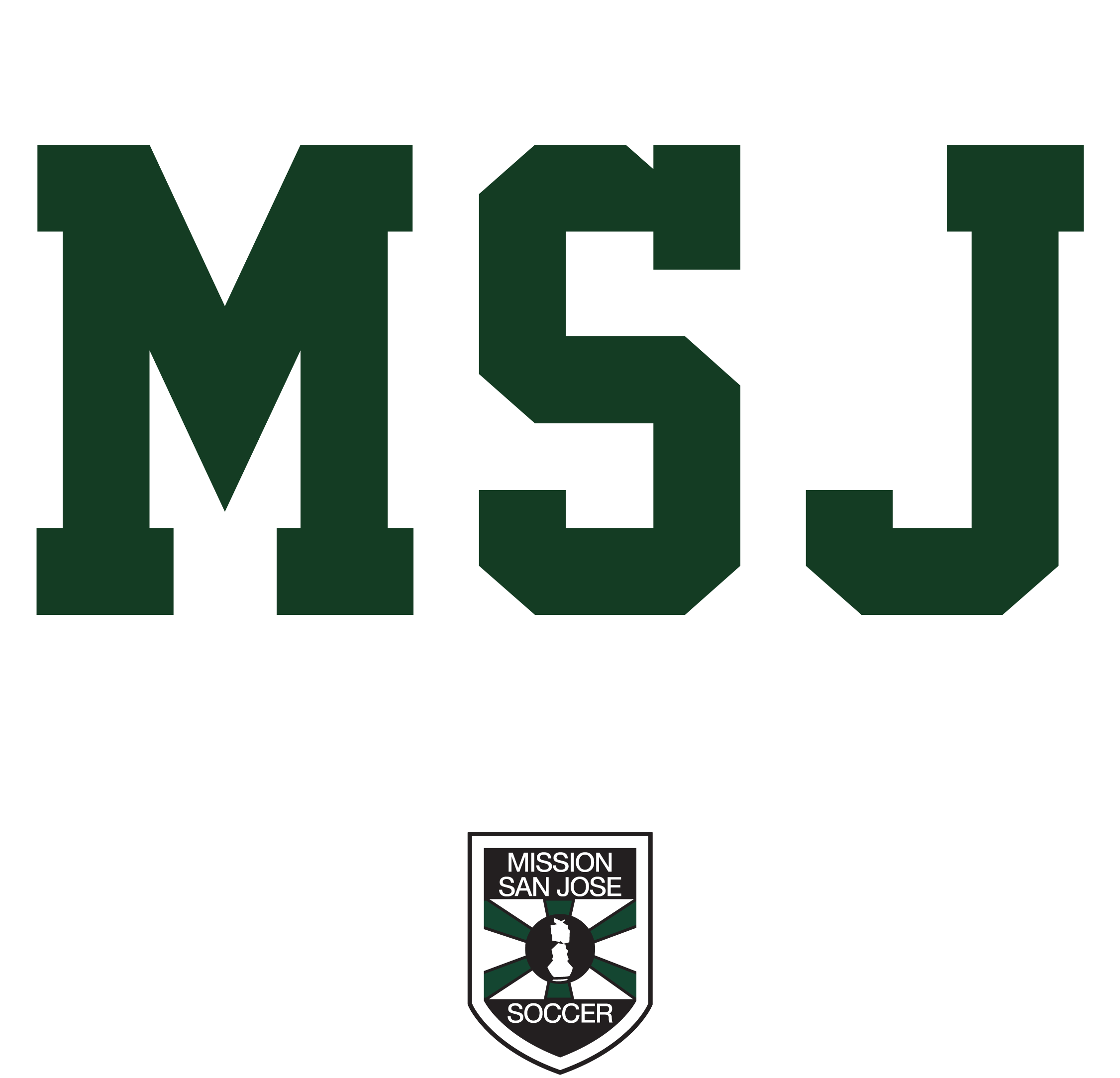 Large dark green collegiate letters "MSJ" above a crest for Mission San Jose Soccer on a white background.