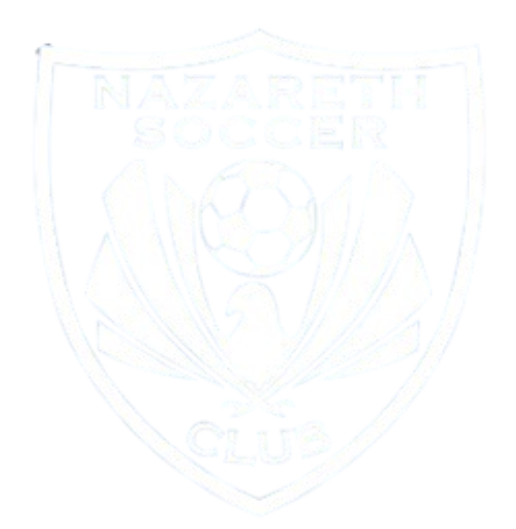 A black and white shield-shaped logo for Nazareth Soccer Club featuring a central soccer ball above an eagle with stylized fanned wings.