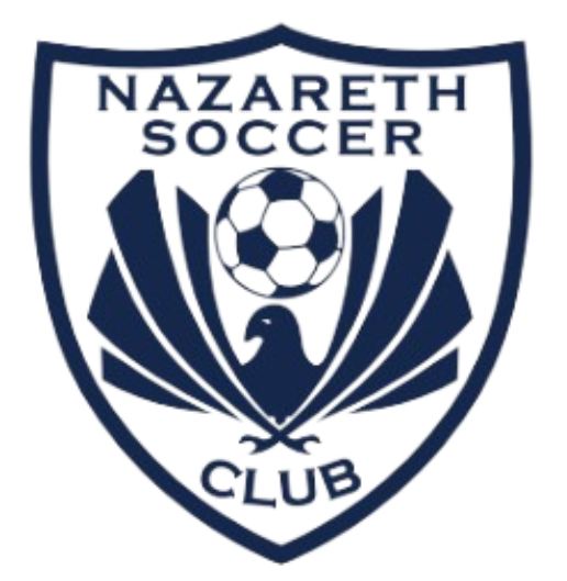 A navy blue and white shield-shaped logo for Nazareth Soccer Club, featuring a stylized eagle with outspread wings beneath a soccer ball.