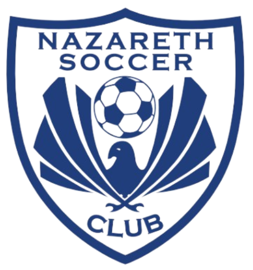 A blue and white shield logo for Nazareth Soccer Club featuring a stylized eagle with spread wings behind a soccer ball.