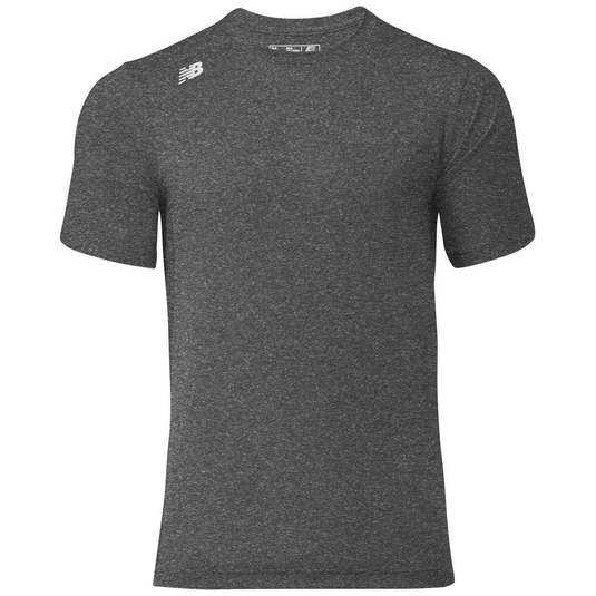 Dark heather gray short-sleeved athletic crew neck t-shirt with a white New Balance logo on the right shoulder.