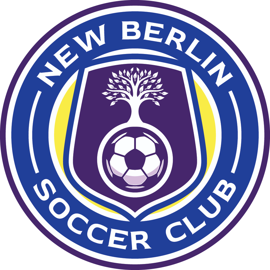 Circular logo for New Berlin Soccer Club featuring a white tree growing from a soccer ball on a purple shield, set within a blue outer ring.