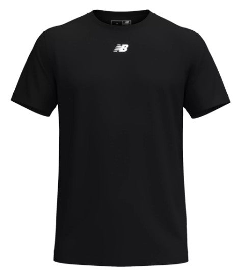 Front view of a black short-sleeved crew neck t-shirt with a small white New Balance logo centered on the chest.