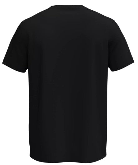 Back view of a solid black, short-sleeved crew-neck t-shirt.