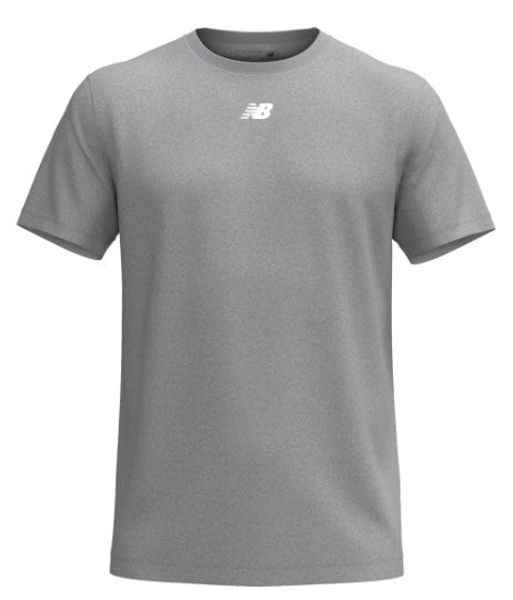 A gray heathered New Balance t-shirt with a white NB logo centered below the crew neckline.