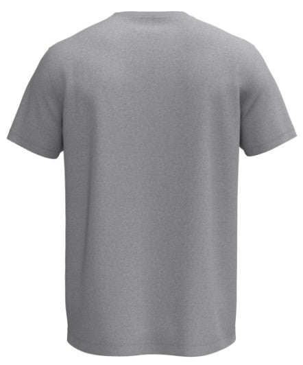 Back view of a plain, short-sleeved, heathered grey t-shirt.