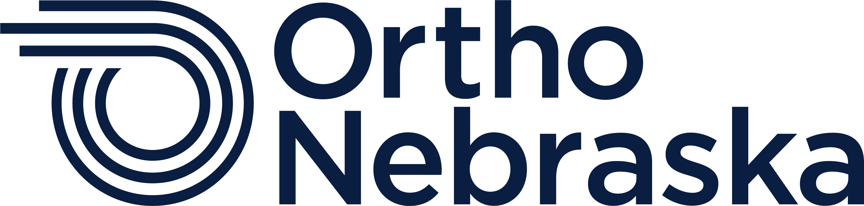 OrthoNebraska logo in dark navy blue, featuring a stylized circular emblem with horizontal motion lines followed by the brand name in a bold sans-serif font.