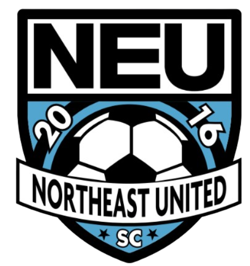 Shield-shaped logo for Northeast United SC in black, white, and light blue, featuring "NEU" at the top, a soccer ball in the center, and the year 2016.