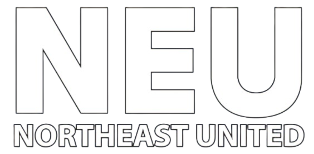 White logo with large letters "NEU" above "NORTHEAST UNITED" on a black background.