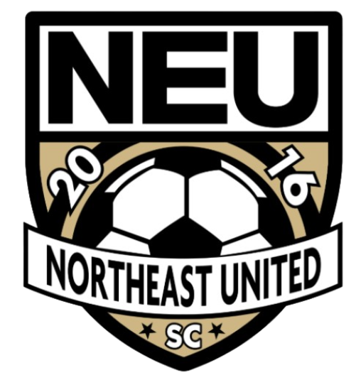 Shield-shaped logo for Northeast United SC featuring the letters NEU, a soccer ball, the year 2016, and the team's full name. Colors are black, white, and tan.