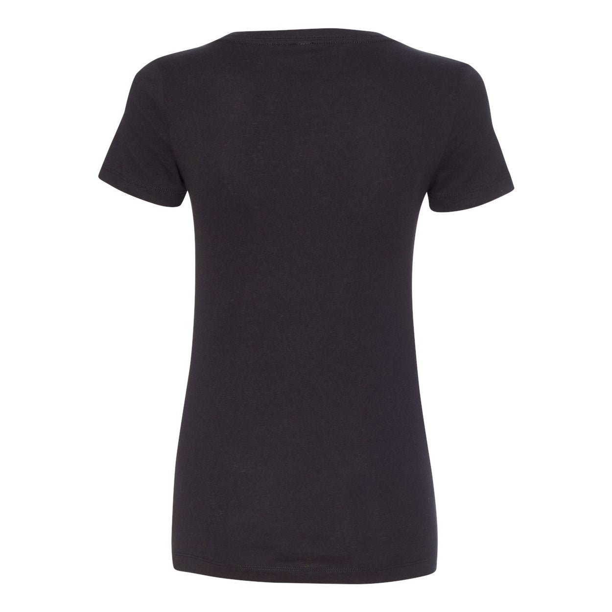 Back view of a plain black short-sleeved t-shirt with a crew neck, displayed against a white background.