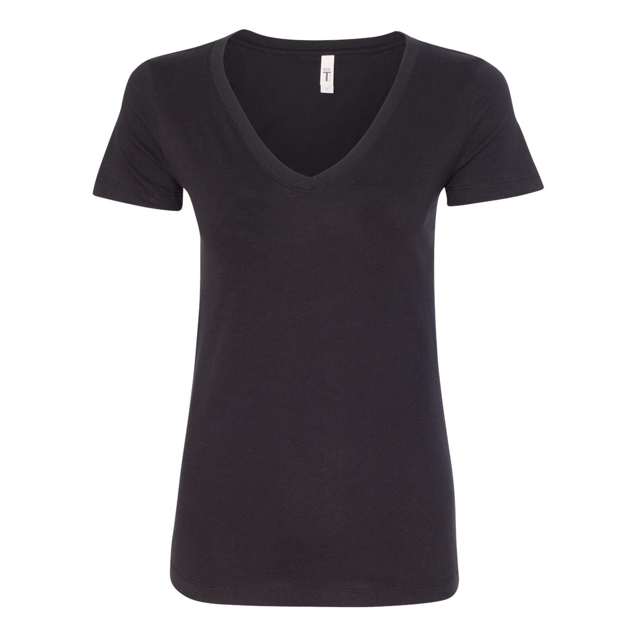 A women's charcoal grey short-sleeved V-neck t-shirt displayed flat against a plain white background. It has a slightly contoured fit and a small white tag visible at the neckline.