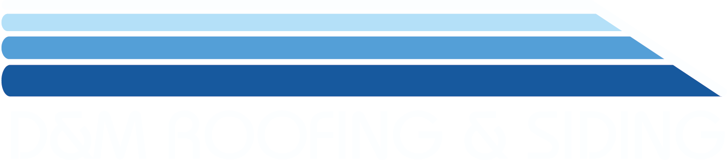 Logo with three stacked blue bars of varying shades, rounded on the left and slanted on the right, above the white text "D&M ROOFING & SIDING".