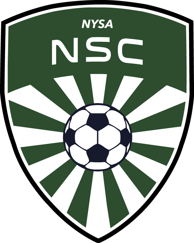 Green and white shield-shaped soccer logo featuring a central soccer ball with sunburst rays. The text "NYSA" and "NSC" is at the top.