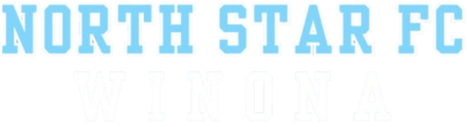 A graphic featuring the text "NORTH STAR FC" in light blue block lettering with white outlines positioned above the word "WINONA" in solid white block lettering, all centered on a black background.