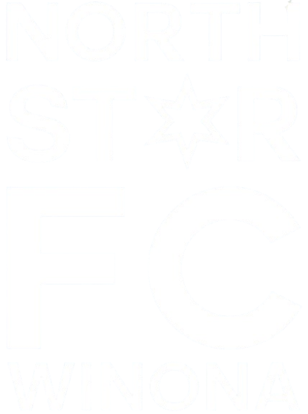A logo for North Star FC in Winona, featuring white sans-serif text on a black background. The words are stacked in four rows: "NORTH", "ST★R" (with an eight-pointed star symbol replacing the letter "A"), a large "FC", and "WINONA".