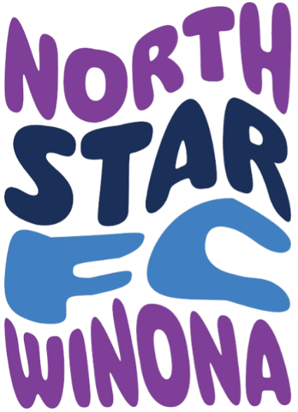 A stylized graphic logo featuring the words "NORTH STAR FC WINONA" stacked vertically in a chunky, rounded, bubbly font. The top word "NORTH" and bottom word "WINONA" are purple. In the middle, "STAR" is navy blue and "FC" is medium blue. The entire design is set against a black background.