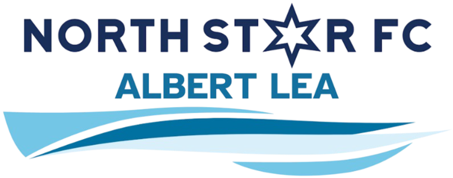 Logo for North Star FC Albert Lea. The club's name is written in blue text, with a six-pointed star forming the "A" in "STAR." Below the text are three flowing, wave-like shapes in various shades of blue.