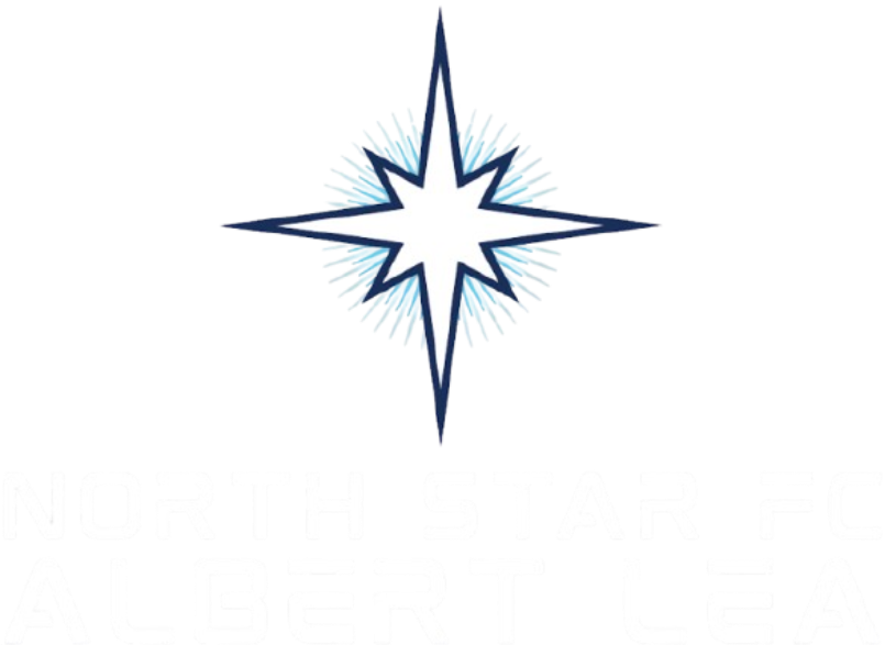 Logo for North Star FC Albert Lea featuring a white eight-pointed star with a navy blue outline and light blue radial glow. Below the star, the white text reads "NORTH STAR FC" and "ALBERT LEA" in a blocky font against a black background.