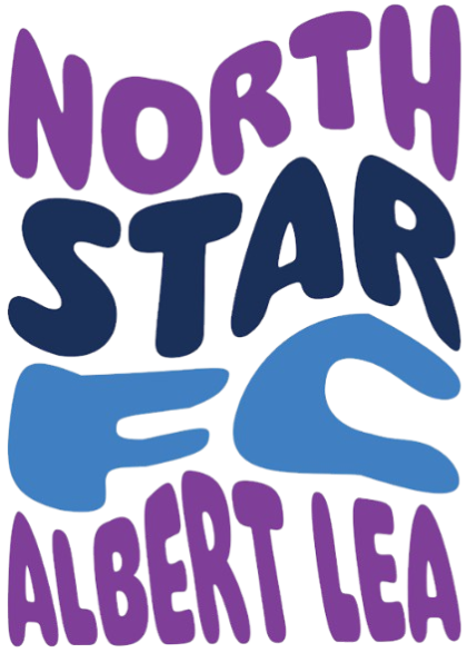 A graphic with the words “NORTH STAR FC ALBERT LEA” in a chunky, rounded font. The text is stacked in four rows, with “NORTH” and “ALBERT LEA” in purple, “STAR” in dark blue, and “FC” in light blue.