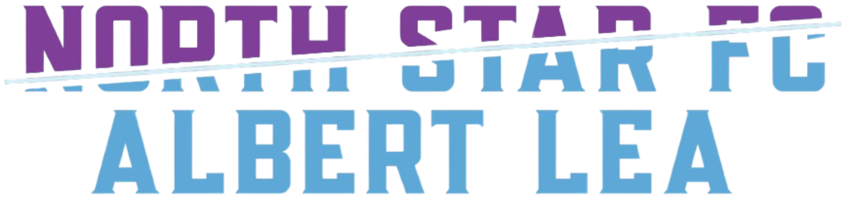 Logo for "NORTH STAR FC ALBERT LEA" in a blocky, distressed font. The top line, "NORTH STAR FC," is split horizontally by a thin white line, with the top half in purple and the bottom half in light blue. The words "ALBERT LEA" appear below in solid light blue.