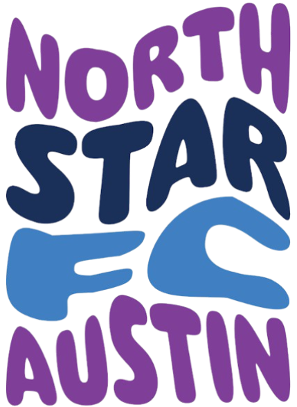 A logo featuring the text "NORTH STAR FC AUSTIN" in stacked, bubbly, hand-drawn letters. The word "NORTH" is purple, "STAR" is dark navy blue, "FC" is medium blue, and "AUSTIN" is purple.