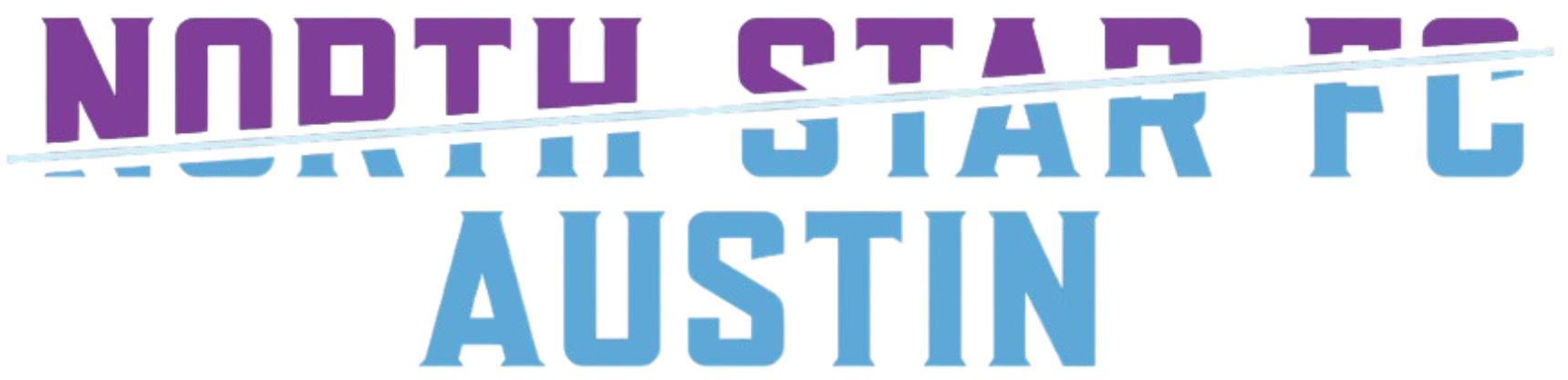 A text-based logo for North Star FC Austin. The words "NORTH STAR FC" are split horizontally by a thin white line, with the top half of the letters in purple and the bottom half in light blue. The word "AUSTIN" is centered below in light blue.